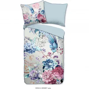 Двустороннее постельное белье Descanso «Mondet», хлопок, сатин, 135х200, окантовка, молния, двусторонняя, цветы серые, серый