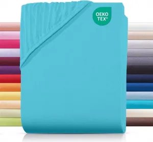 Простыня на резинке джерси 90х200 см из 100% хлопка, однотонная бирюзового цвета. Carpe Sonno