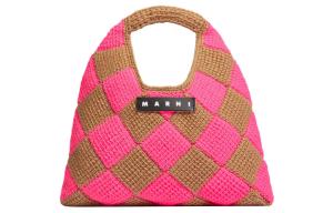 MARNI Акриловая вязаная сумка-корзинка с кожаными вставками среднего размера женская коричнево-розовая