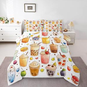 Erosebridal Комплект постельного белья Cute Boba Tea с красочным дизайном пузырькового чая и фруктов в стиле кавай, White Yellow Pink