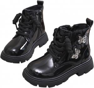 Девочкам ботинки на щиколотку модные сверкающие с бабочкой, шнуровкой, боевые ботинки с боковой молнией, блестящей поверхностью, высокие кроссовки Generic, Black