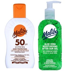 Водостойкий бальзам Malibu SPF50 200 мл + Гель после загара с алоэ 200 мл