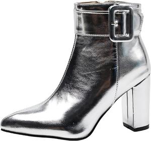 Женские лакированные ботильоны с пряжкой, заостренный носок, толстый высокий каблук, модель на щиколотку, модная боковая молния, удобный устойчивый каблук, ботильоны для вечера, выпускного или свадьбы RYNKOMA, Silver