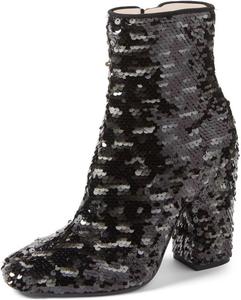 Женские ботильоны XYD с блестками, низким устойчивым каблуком, круглым носком и молнией, Sequins-Black 3.15"