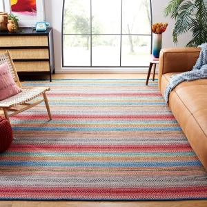 Ковер SAFAVIEH, 183 x 183 см, Montauk Collection - Blue & Grey, ручное плетение, плоское переплетение, бохо полоска, хлопок, идеально для помещений с высокой проходимостью в гостиной, спальне (MTK851F)