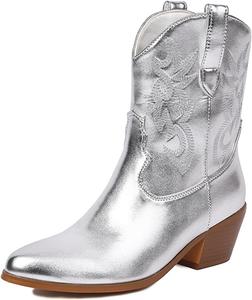 Западные ковбойские сапоги для женщин, короткие сапожки-ковбойки с классической вышивкой, ретро стиль, на толстом каблуке Generic, Sliver