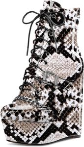 Женские ботильоны Castamere с высокой танкеткой, платформой, круглым носком, шнуровкой и молнией, короткие ботинки с металлической цепочкой, каблук на выпускной 15 см, Multicolor Snake