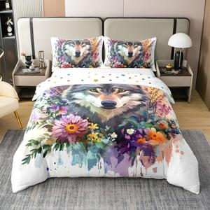 Erosebridal 3D комплект постельного белья с волком, красочный ботанический цветочный принт, акварельная эстетика, африканские охотничьи животные, Purple Blue Orange
