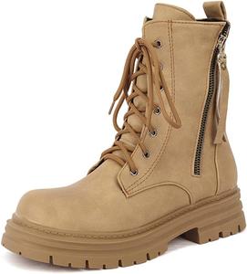 Женские модные ботинки на плоской подошве с шнуровкой, боевые, до щиколотки, с круглым носком, удобные, с низким каблуком, вестерн, короткие JOEUSTY, Khaki