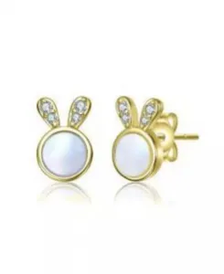 Серьги-Гвоздики в форме кролика с покрытием из 14-каратного золота, перламутра и прозрачных кубических цирконий Gigigirl, gold