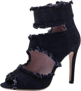 Женские сандалии Elbslutt на высоком каблуке с открытым носком из денима, летние ботильоны с открытым носком, туфли на шпильке с молнией, Black