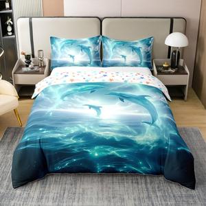 Erosebridal Комплект постельного белья Dolphin Ocean Waves из 100% хлопка с морским принтом, Blue