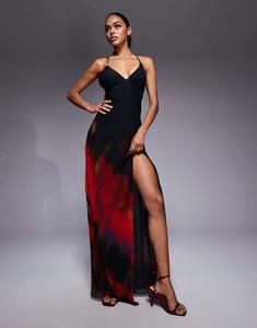 Платье макси Oh Polly из шифона с разрезом на бедрах и красным размытым принтом