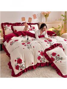 Antarctic Комплект постельного белья 4 предмета, простыня на резинке 150*200 см, пододеяльник 200*230 см, молочный бархат, цвет Xia Xiang Fu Ren