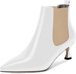 Женские офисные ботильоны WAYDERNS с острым носком, милой резинкой, лакированной поверхностью, низким каблуком-китен 2 дюйма, Beige White