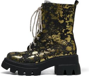 Женские боевые ботинки с декором, платформой, ботильоны на шнуровке с регулируемой верхней частью и внутренней молнией, модные ботинки для вечеринки KEEISEA, Black