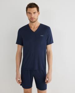 Мужская пижама с короткими рукавами синего цвета из микромодала Boss, темно-синий