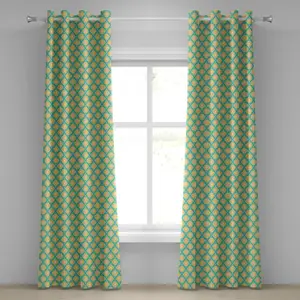 Шторы на люверсах ABAKUHAUS в стиле ретро с повторяющимся цветочным узором, мотивы, вдохновленные природой, декоративные, двухпанельные, 280 см x 260 см, цвет морской волны, желто-бежевый