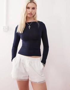 Топ COLLUSION с завязкой на талии, длинными рукавами и вырезом-лодочкой темно-синего цвета