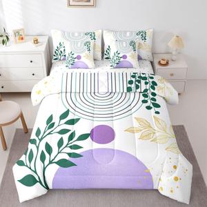 Erosebridal Комплект постельного белья Modern Mid Century с простынями в стиле бохо фиолетовый винтаж абстрактный геометрический с растениями и листьями минималистичный современный, Purple Green White