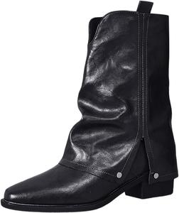 Женские ковбойские сапоги с V-образным вырезом, широкие по голенищу, классический квадратный носок, сапожки с отворотом, на толстом каблуке, ботильоны Generic, Black