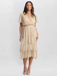 Многоярусное платье из металлического трикотажа cheri Gina Bacconi, цвет Gold/Silver