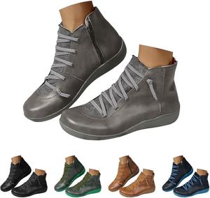 Женские ботильоны, ковбойские ботинки с шнуровкой и боковой молнией, винтажные ретро ботильоны с поддержкой свода стопы, удобные слипоны, осенние туфли на низком каблуке Generic, B-Grey