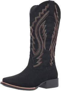 Женские ковбойские сапоги средней высоты с вышивкой цветов, женские сапоги-ковбойки с боковой молнией и массивным каблуком Generic, Black