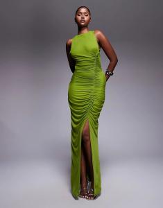 Платье макси из сетчатой ткани с бретельками на спине и сборками ASOS DESIGN цвета лайма