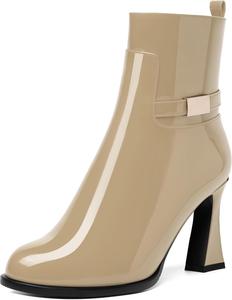 Ботинки NUMALEO Womens Sexy Patent Zip Metal Ankle Strap Night Club Round Toe Block High Heel Ankle High Boots 3.3 Inch, Beige
