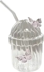 Кружка стеклянная бабочка с трубочкой и крышкой, 400 мл, стаканы для питья бабочка, кружки, ретро-кружка для кофе, чая, сока, пива, виски Bremen