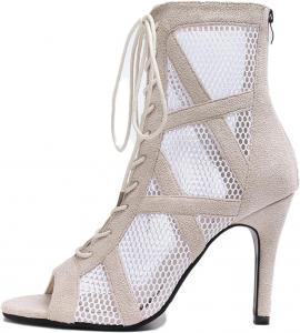 Женские сексуальные танцевальные туфли на каблуке с открытым носком, сетчатые балетные сандалии, каблуки для вечеринки, сандалии на щиколотке с задней молнией Generic, Beige