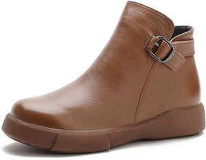 Женские ботильоны Tokouk на платформе из натуральной кожи с регулируемым ремешком и боковой молнией, повседневные теплые короткие ботинки с круглыми носками и меховой подкладкой, Brown-Plush