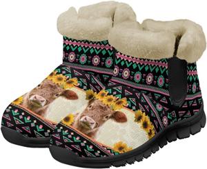Женские зимние ботинки UNICEU, теплые, с нескользящей подошвой, женские ботильоны и зимние ботинки, обувь с плюшевой подкладкой, пушистые ботинки для прогулок, Cow Sunflower Western Tribal Style