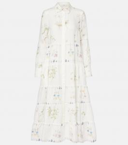 Льняное платье-рубашка с цветочным принтом и ярусным кроем Erdem, Botanical Garden White