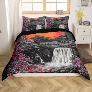 Erosebridal Комплект постельного белья в японском стиле с ретро-принтом сакуры и пейзажем, Pink Black Orange