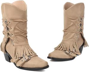 Женские ботильоны на высоком толстом каблуке из замши с бахромой, ремешком и пряжкой, простой модный дизайн, складки, западный стиль, большой размер BLXQPYT, Beige