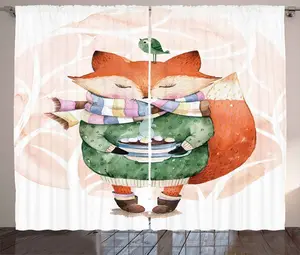 Штора ABAKUHAUS в стиле акварель, милая лиса, кофейная птичка, универсальная, для гостиной, с петлями и крючками, 280 x 225 см, цвет: нефритовый, светло-розовый, оранжевый Abakuhaus