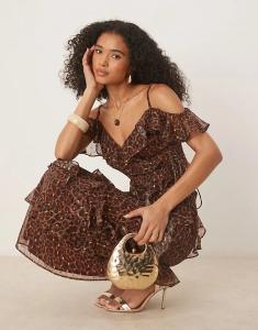 Коричневая кофточка-халат Anaya с леопардовым принтом и открытыми плечами - КОРИЧНЕВЫЙ