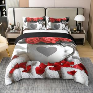 Erosebridal Хлопковый комплект постельного белья в стиле ретро с принтом красных роз и сердец, Red Gray White