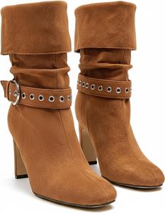 BEDGMDEG Женские замшевые ботильоны на высоком каблуке в винтажном стиле с плиссировкой, модные с заостренным носком и декоративным ремешком с пряжкой, с толстым нескользящим каблуком, на молнии, вестерн-стиль для вечерних вечеринок и свиданий