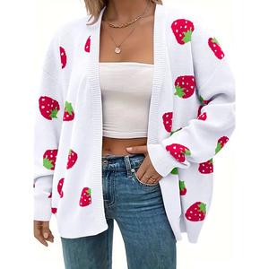 Женский кардиган плюс сайз с открытой передней частью и длинным рукавом в клубничный цветочный принт Maxxis Merch, White