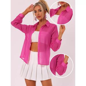 Женская сетчатая прозрачная рубашка с острым воротником и длинными рукавами на пуговицах ALLEGRA K, черный