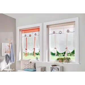 Моя домашняя штора-завязка «Ява», (1 шт.), готовая штора, прозрачная, с вышитыми совами My Home, белый/песочный