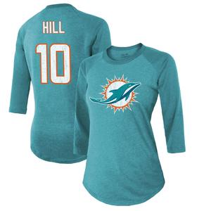 Женская футболка Majestic Threads Tyreek Hill Aqua Miami Dolphins с именем и номером реглан с рукавами 3/4 Majestic