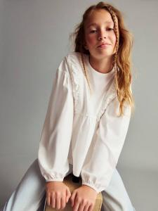 Детская хлопковая блузка с длинными рукавами и рюшами Mango, Natural White