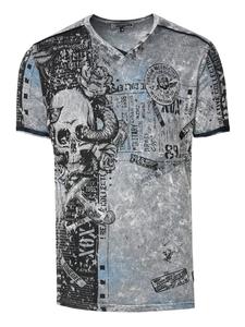 Футболка с V-образным вырезом, принтом черепа и змеи по всей поверхности и замшевыми деталями темно-серого цвета Rusty Neal