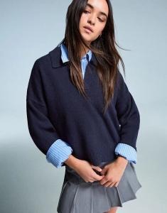 Свитер Bershka Polo с воротником-поло цвета деним синего цвета