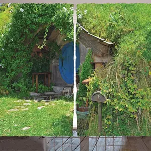 Занавеска ARANDE Хоббиты, Фантастический дом, лес, луг, волшебный стиль, фотоузор с культовыми сценами из фильмов, 280 x 245 см, цвет: зеленый, коричневый, синий Abakuhaus