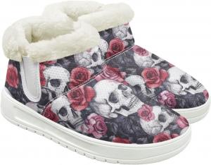 Женские ботинки Skull Boots слипоны на зиму, теплые плюшевые ботинки для ходьбы, противоскользящие, размер США 4,5-12 Cugasmaru, Flower Skull